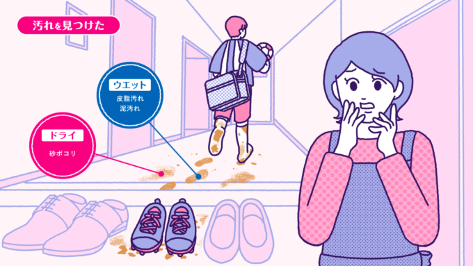 ホコリ・髪の毛・花粉などのドライ汚れと、皮脂汚れや飲みこぼしといったウエット汚れのイラスト