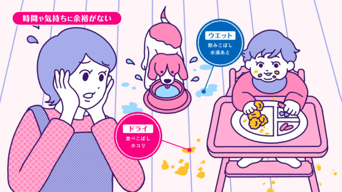 ホコリ・髪の毛・花粉などのドライ汚れと、皮脂汚れや飲みこぼしといったウエット汚れのイラスト