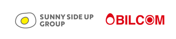 左よりサニーサイドアップグループ、ビルコムのロゴ。それぞれ左に「たまご」をモチーフにしたデザインがある。